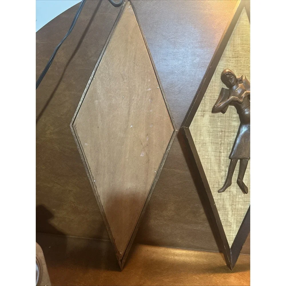 Vintage Mid Century Style Carved Wall Art Burlap Teak Wood 24